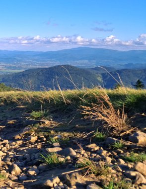 Klimchok Dağı 'nın tepesinden Beskids' a bakın. Polonya 'nın güneyindeki güzellik