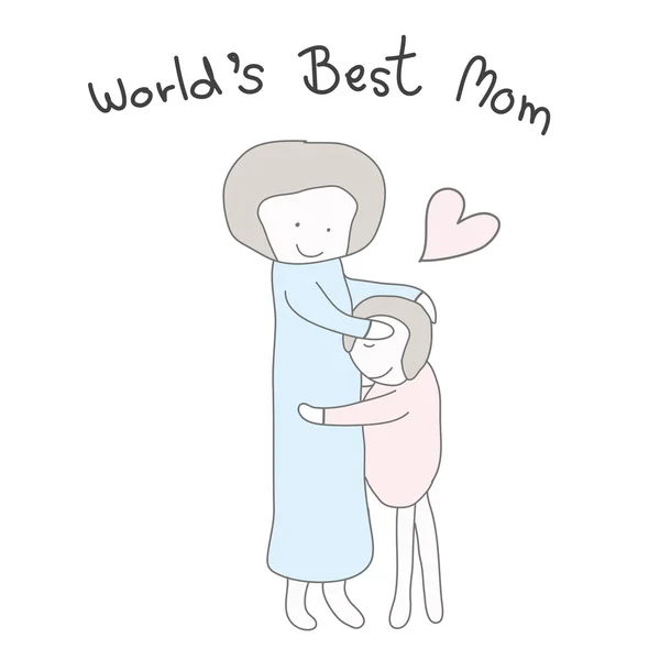 Mamá abrazo niños con corazón pastel color dibujado a mano — Vector de stock