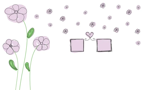 Flores púrpuras con marco de fotos y corazón dibujado a mano para decorar — Vector de stock