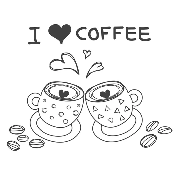 Deux tasses à café avec coeur mot J'aime le café et grain de café ha Graphismes Vectoriels