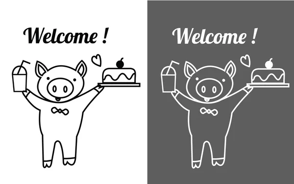 Cute pig holding ice glass and cake with word welcome for sticke Stock Vector