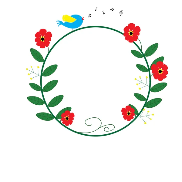 Czerwony kwiat koło niebieski ptak śpiew i muzyka notatki — Wektor stockowy