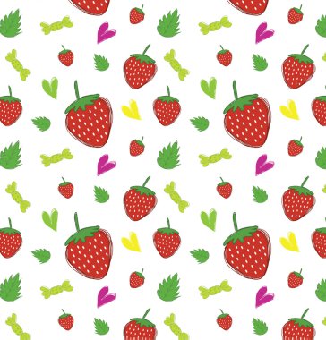 çilek ve yaprakları şeker ve kalp ile izole vect desen