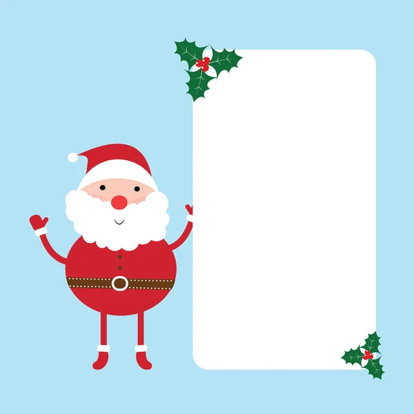 Santa claus standing with white frame and green christmas leaves — Stock Vector