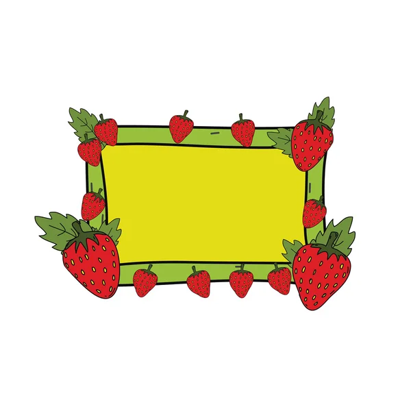 Aardbei met gele en groene frame hand getrokken vector — Stockvector