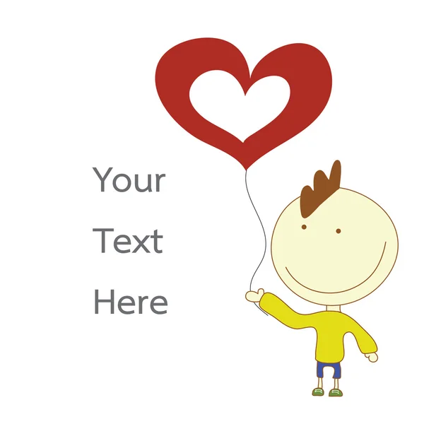 Niño sonrisa y sosteniendo globo corazón rojo con vector de texto — Vector de stock