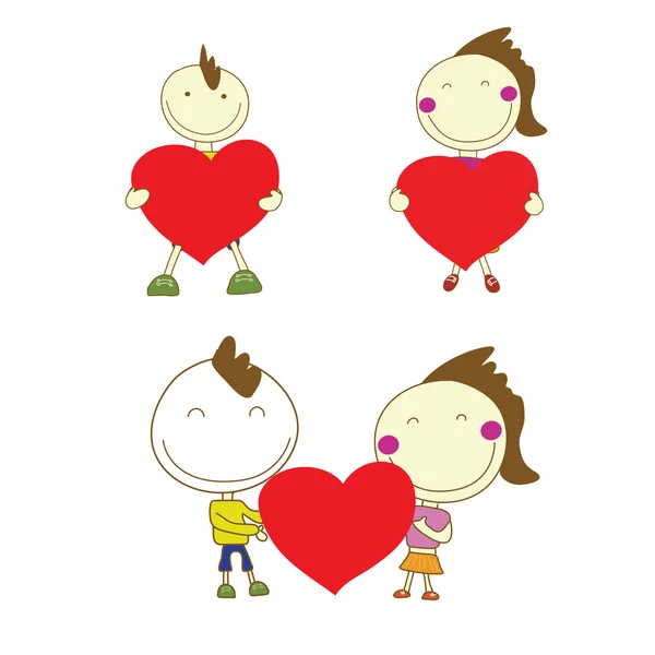 Αγόρι και κορίτσι ζευγάρι χαμόγελο κρατώντας κόκκινη καρδιά για ημέρα του Αγίου Βαλεντίνου — Διανυσματικό Αρχείο