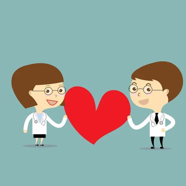 Doctor and woman doctor holding red heart vector — Stock Vector