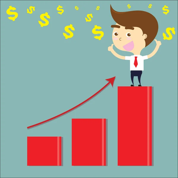 Hombre de negocios pulgares felices hacia arriba en la barra de gráfico rojo con signo de dólar ve — Archivo Imágenes Vectoriales