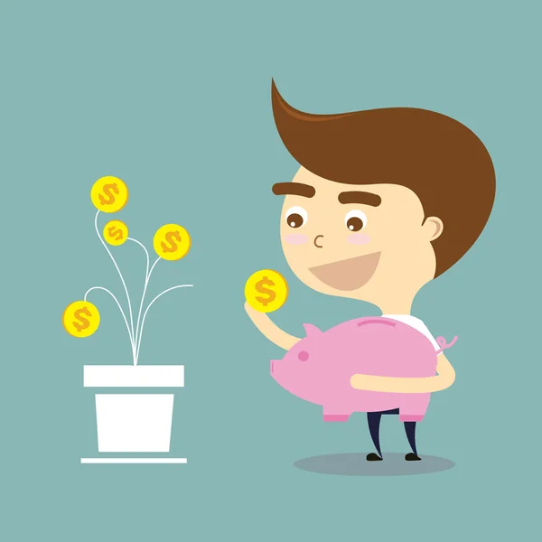 Business man pick money with dollar sign to piggy bank vector — стоковый вектор