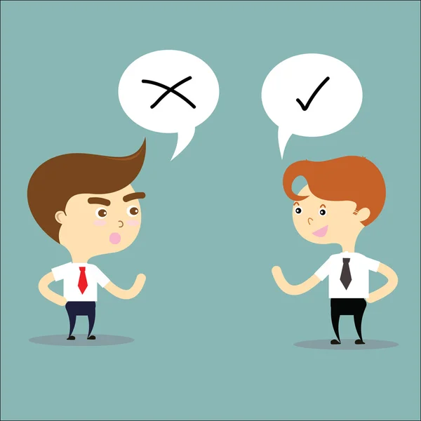 two businessman thinking opposites with right and wrong sign vec