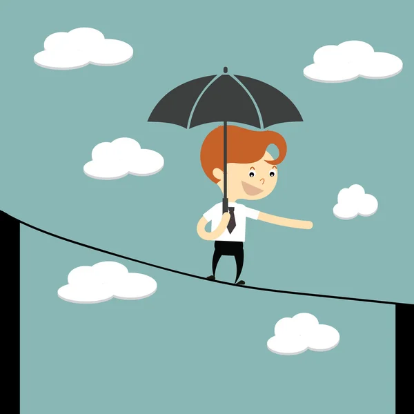 Geschäftsmann über ein anderes Gebäude kaufen Linie hält Regenschirm — Stockvektor