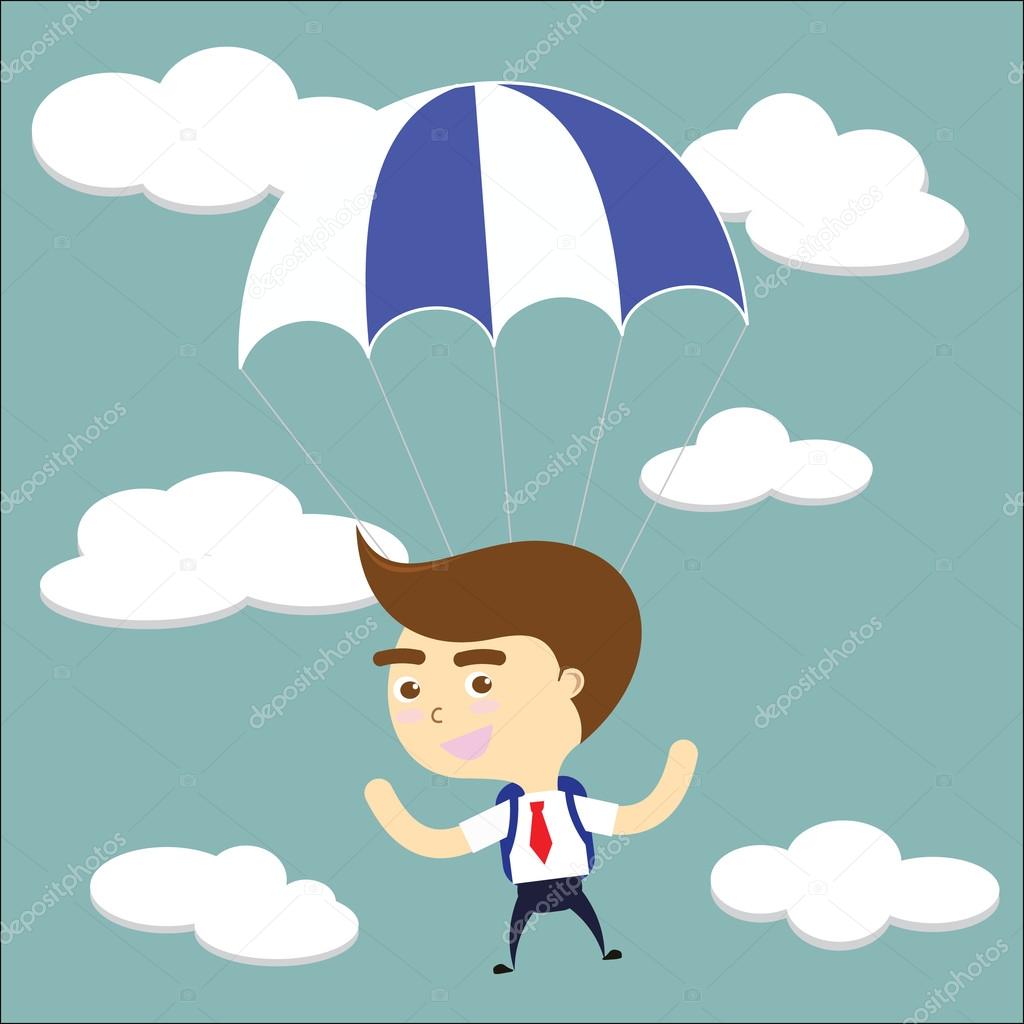 businessman falling sky with blue parachute vector