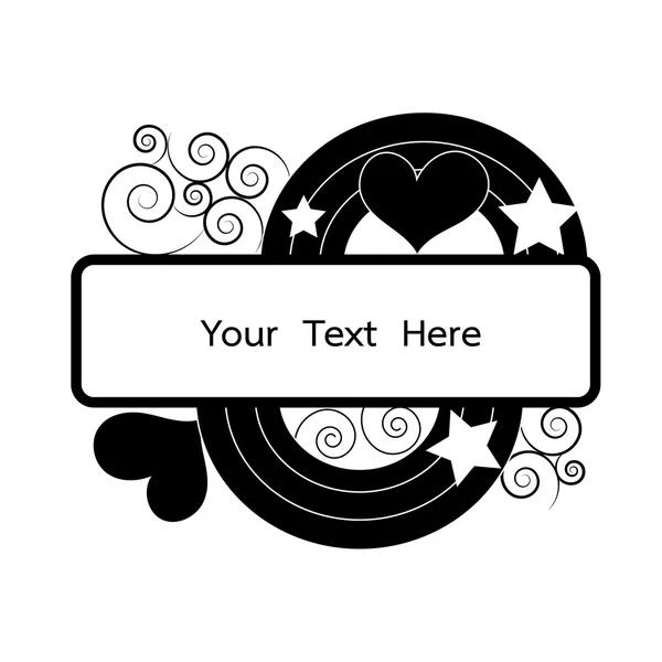 Marco negro con espiral floral, corazón, estrella y arco iris para texto v — Vector de stock