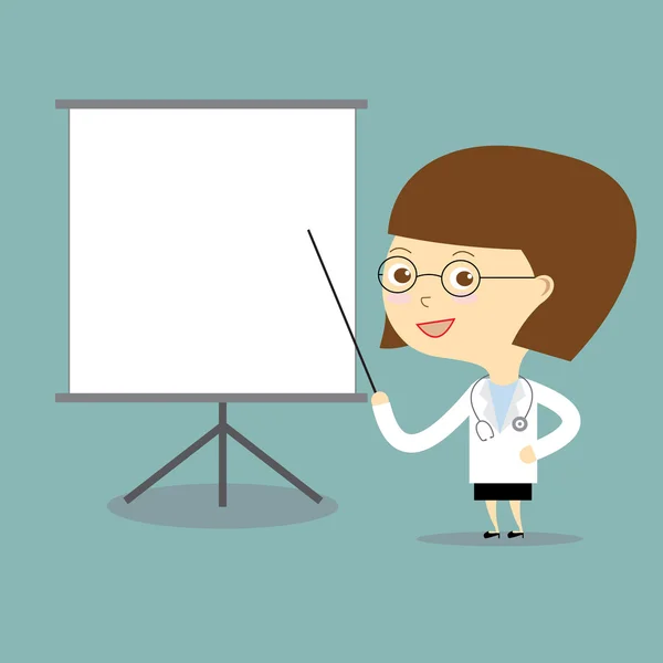 Doktor žena učí s bílou tabuli vektor — Stockový vektor