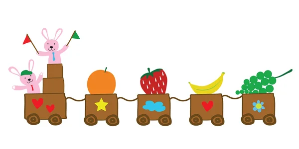 Dos conejos sosteniendo banderas con tren de frutas vector para educat — Vector de stock