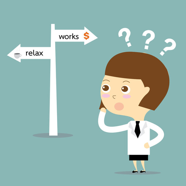 бизнесвумен путают выбрать два способа для отдыха или работает vect
