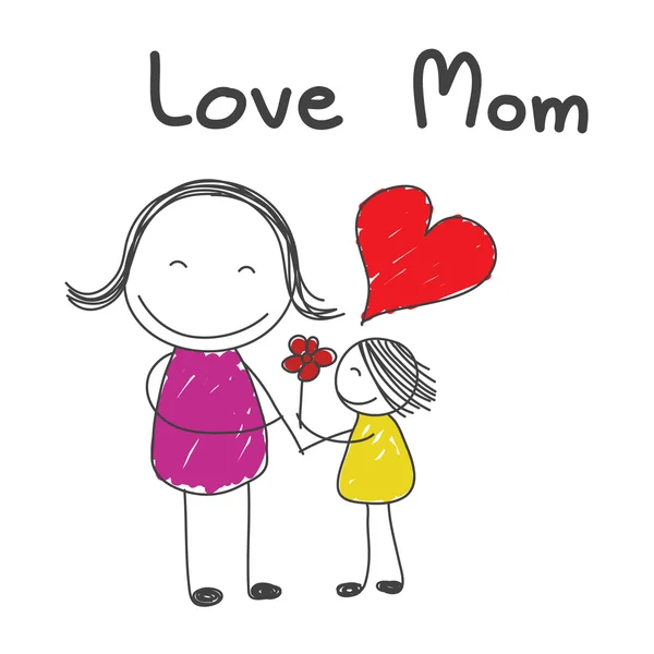 Dcera dávají květiny matce s slovo láska matka ručně kreslenou vec — Stockový vektor