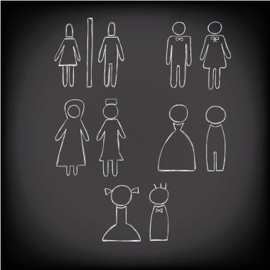 elle çizilmiş tebeşir stil, erkek, kadın, Müslüman beyaz tuvalet simgesi ayarla 