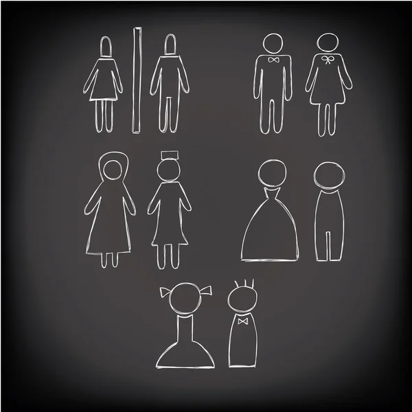 White toilet icon set hand drawn chalk style, man, woman, muslim — стоковый вектор