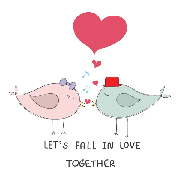 Ζευγάρι φιλί πουλιά με νότες και κόκκινη καρδιά παστέλ χρώμα wi — Διανυσματικό Αρχείο