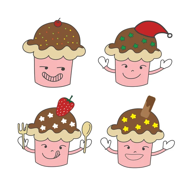 çizgi film el cupcake karakter kümesi ile Noel şapka, stra çekilmiş
