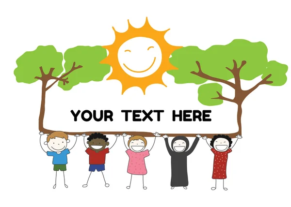 Enfants diversité tenant étiquette avec arbre et soleil sourire pour vous — Image vectorielle