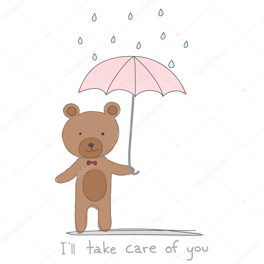 brown bear holding pink umbrella with rain hand drawn style and 