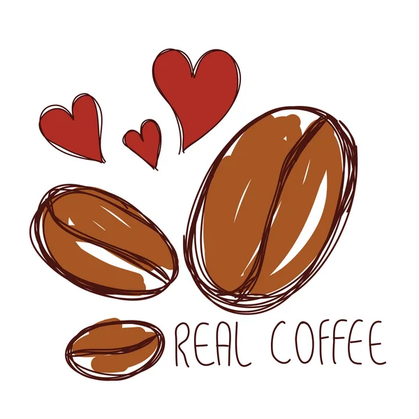 Brun kaffebönor med rött hjärta hand dras och ordet riktigt kaffe — Stock vektor