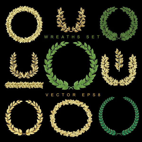 Gold and green wreaths set — Stock Vector