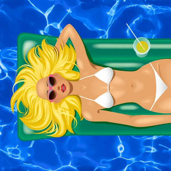 Pretty blonde girl in swimsuit and sunglasses lying on the inflatable beach mattress in a blue pool — Stock Vector