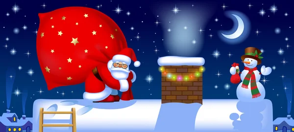 Papai Noel com um saco no telhado — Vetor de Stock