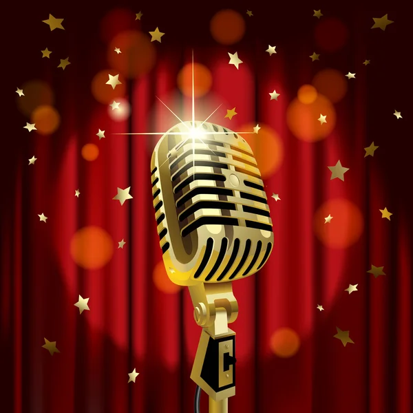 Gold old microphone against the illuminated red curtain background with rain of stars — Stock Vector