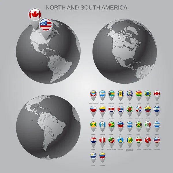 Mapa marcador com bandeiras América do Norte e do Sul com globo definido —  Vetores de Stock