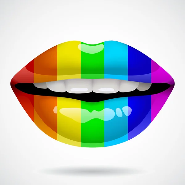 Driedimensionale vrouwelijke glanzende sexy lippen in regenboog levendige kleur — Stockvector