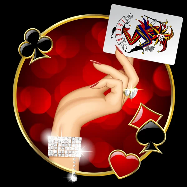 Mano femminile con carta da gioco Joker — Vettoriale Stock