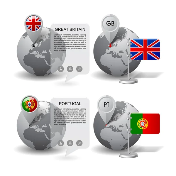 Глобуси з картою маркер і державні прапори Великобританії і порту — стоковий вектор