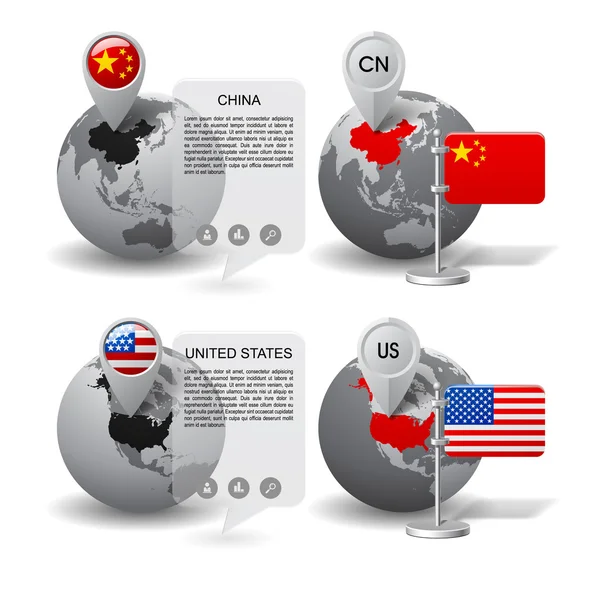 Globos com marcador de mapa e bandeiras estaduais da China e Estados Unidos — Vetor de Stock