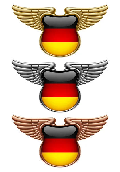 Gold, silver and bronze award signs with wings and Germany flag — Stockový vektor