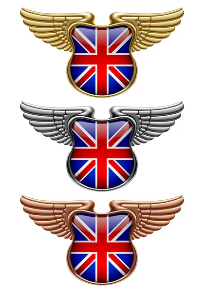 Złote, srebrne i brązowe znaki nagród ze skrzydłami i Wielką Brytanią — Wektor stockowy