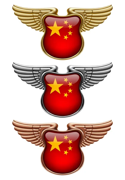 Золоті, срібні та бронзові знаки премії з крилами і прапором Китаю — стоковий вектор