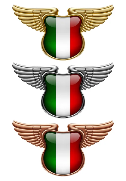 Skilt i gull, sølv og bronse med vinger og italiensk flagg – stockvektor