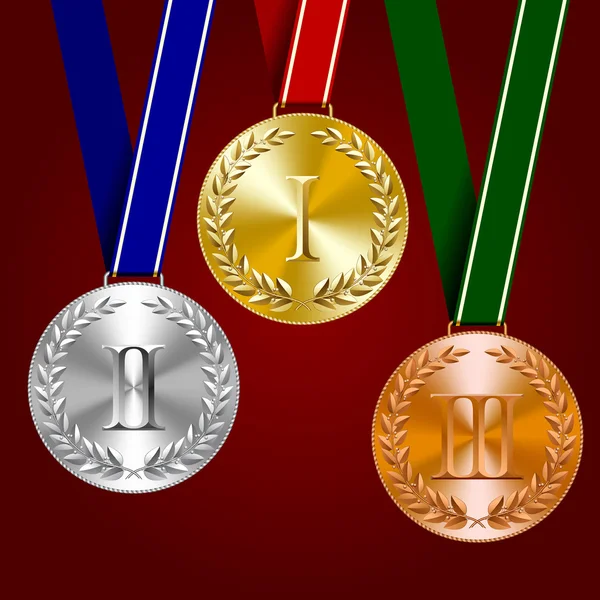 Gouden, zilveren en bronzen medailles met laurier kransen — Stockvector