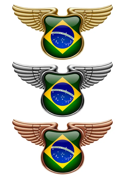 Zlaté, stříbrné a bronzové znaky s křídly a brazilskou vlajkou — Stockový vektor