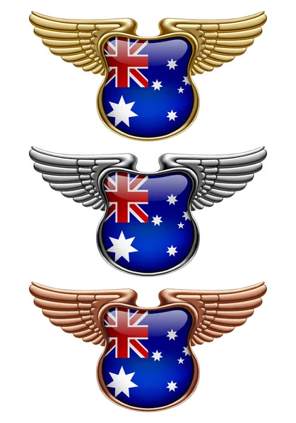 Gold, silver and bronze award signs with wings and Australia fla — Stock Vector