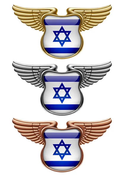Ouro, prata e bronze sinais de prêmio com asas e bandeira de Israel — Vetor de Stock