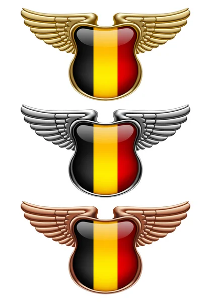 Золоті, срібні та бронзові знаки премії з крилами і Бельгією прапор — стоковий вектор