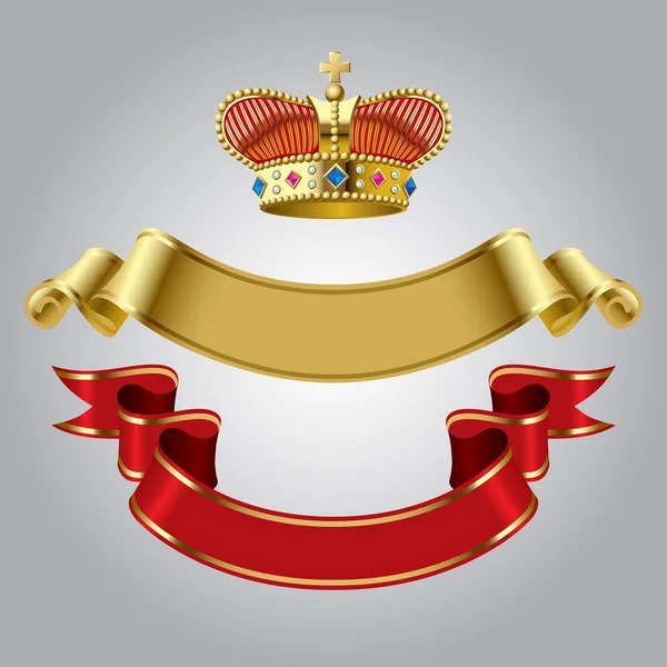 Royal crown with gold and red ribbons — Stock Vector