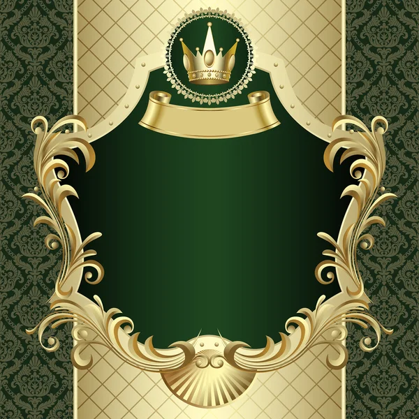 Banner de oro vintage con corona sobre fondo barroco verde oscuro — Vector de stock