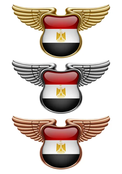 Золоті, срібні та бронзові знаки премії з крилами і єгипетським прапором — стоковий вектор